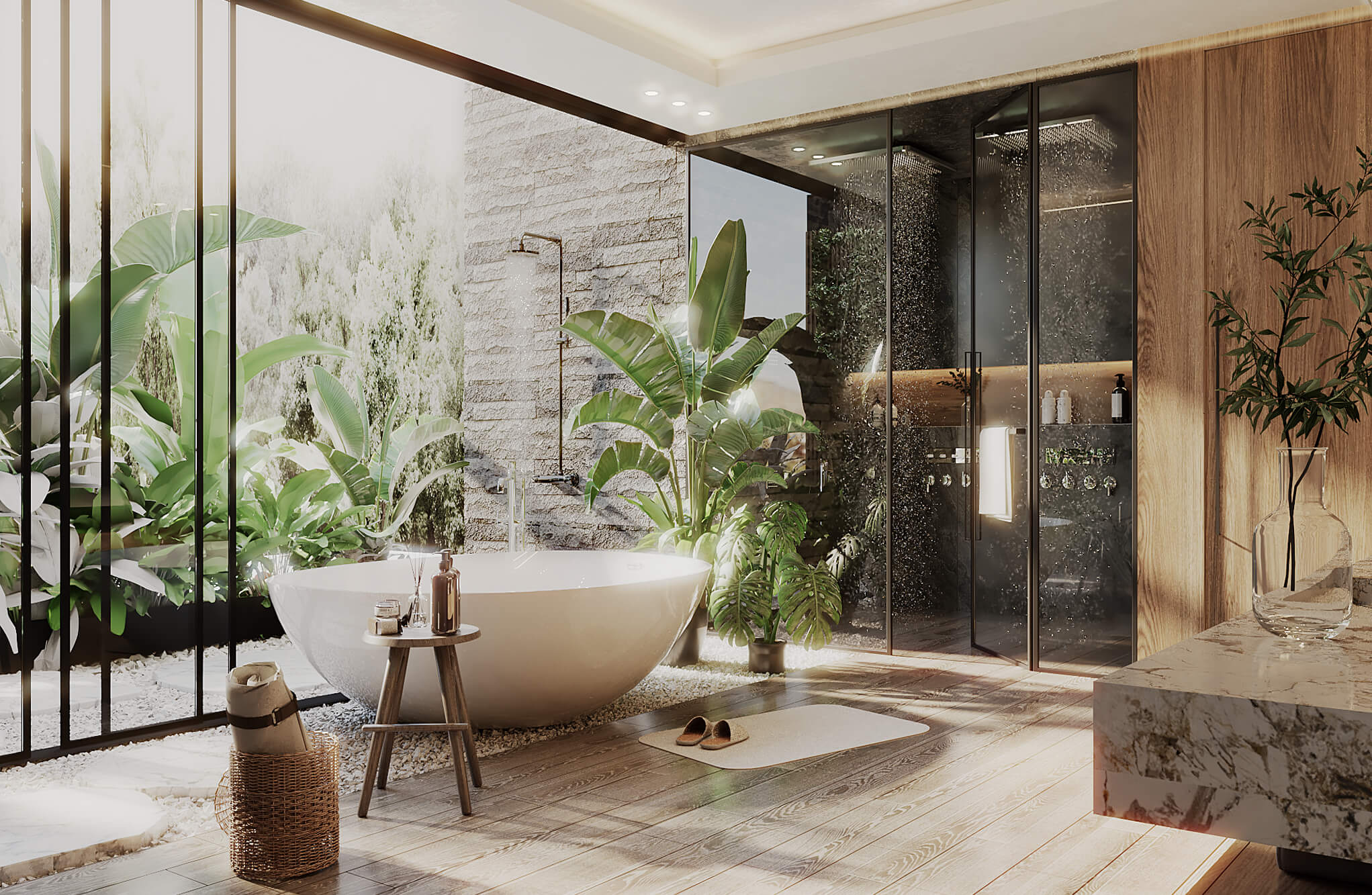 Modern spa-style bathroom visualization—freestanding tub, natural light, tropical plants and marble vanity