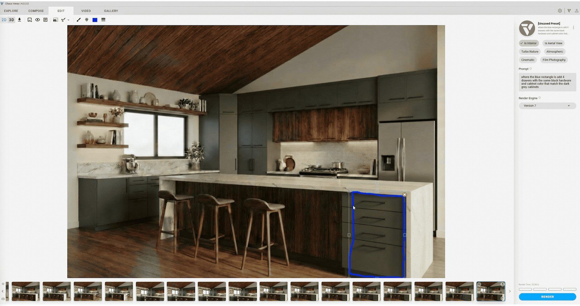 Chaos Veras editing interface showing AI-generated kitchen island drawers matching dark cabinet hardware.