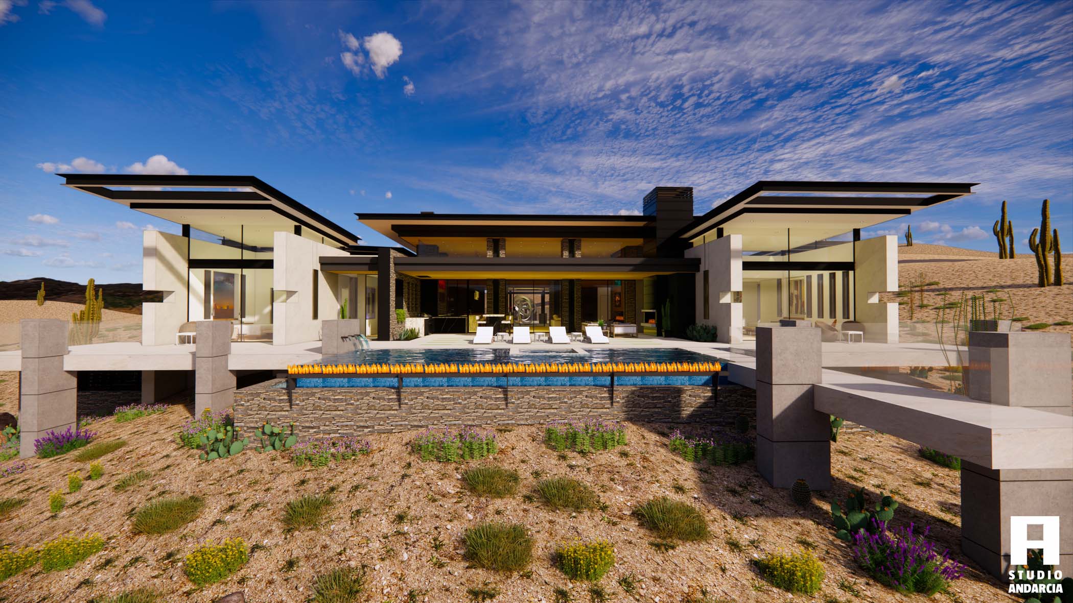 Enscape render of luxury modern villa with desert landscaping, fire feature, and infinity pool.