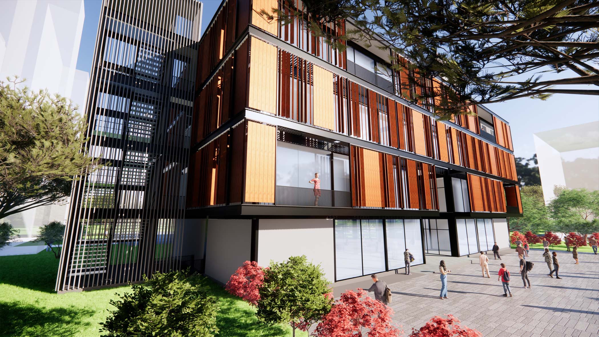 Enscape render of a modern multi-story building with timber facade and ground-level public plaza.