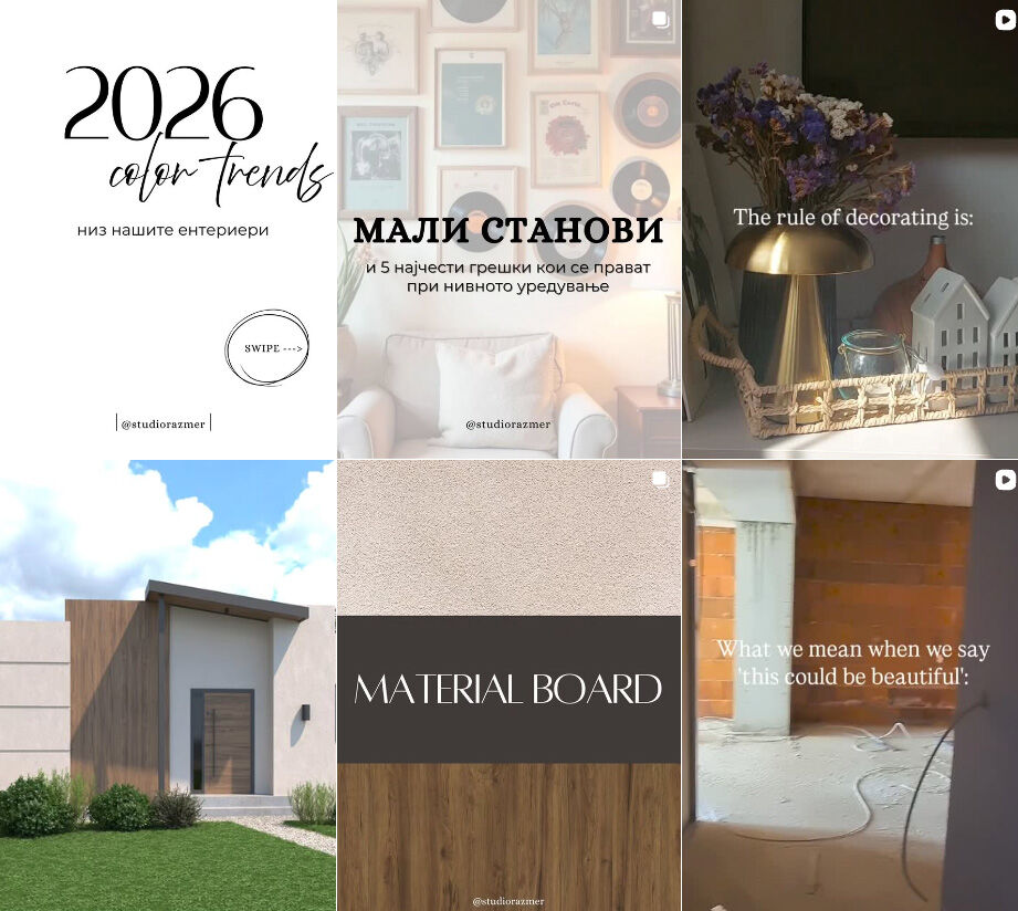 Um grid do Instagram de um estúdio de design com publicações sobre as tendências de cores para 2026, dicas de design de interiores e um painel de materiais.