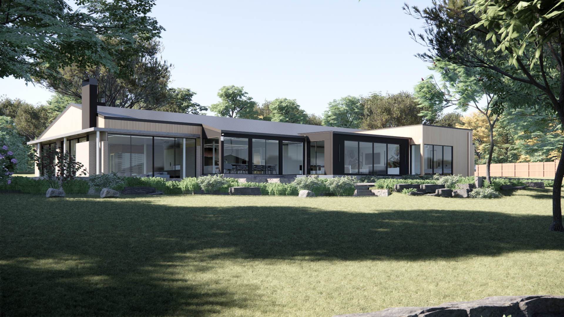 Enscape render of a modern single-story home with large glass facades set in a landscaped, tree-filled garden.