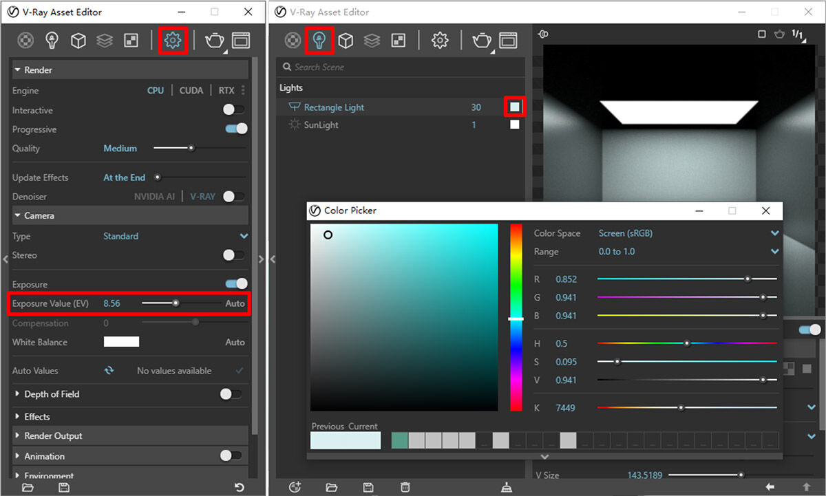 V-Ray Asset Editor interface showing camera exposure settings with Exposure Value (EV) highlighted on the left, and light settings with a rectangle light and color picker window open on the right.
