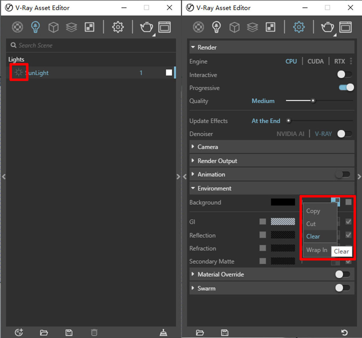 V-Ray Asset Editor interface showing lighting settings with SunLight selected on the left and render environment options on the right, including background, GI, reflection, and refraction controls.
