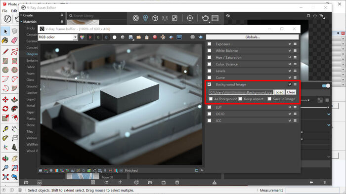 V-Ray Asset Editor interface showing render settings with background image options, displayed alongside a 3D architectural model preview.