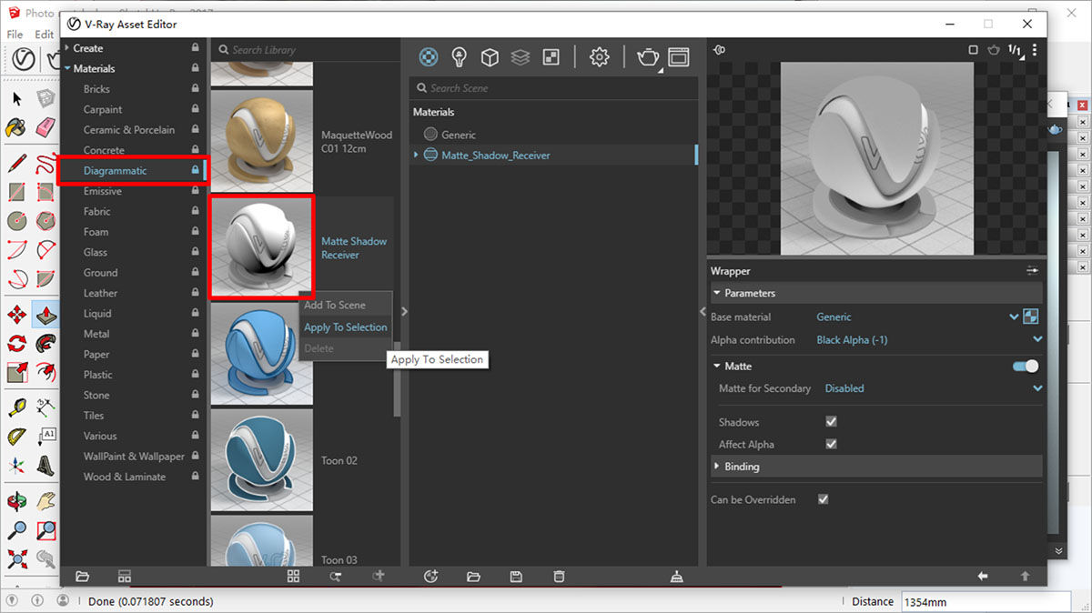 V-Ray Asset Editor interface showing the materials library with the Diagrammatic category highlighted and the Matte Shadow Receiver material selected for application.