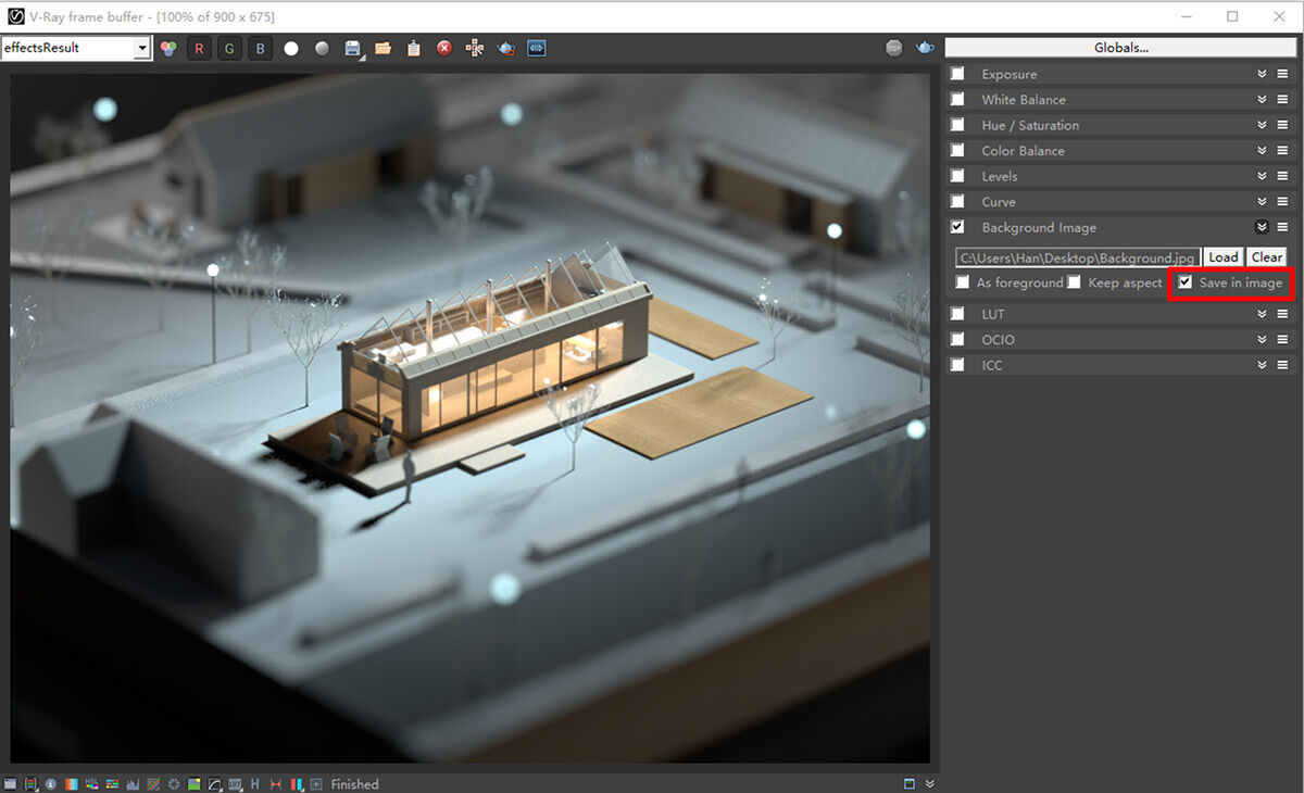 V-Ray frame buffer showing a rendered scene of a modern glass-walled building with interior lighting, alongside render settings panel where the option to save the background image in the output is selected