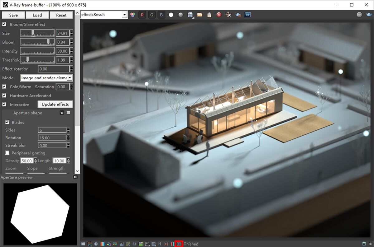 V-Ray frame buffer showing a rendered scene of a modern glass-walled building with warm interior lighting, surrounded by outdoor elements, while bloom and glare effect settings are displayed on the left panel