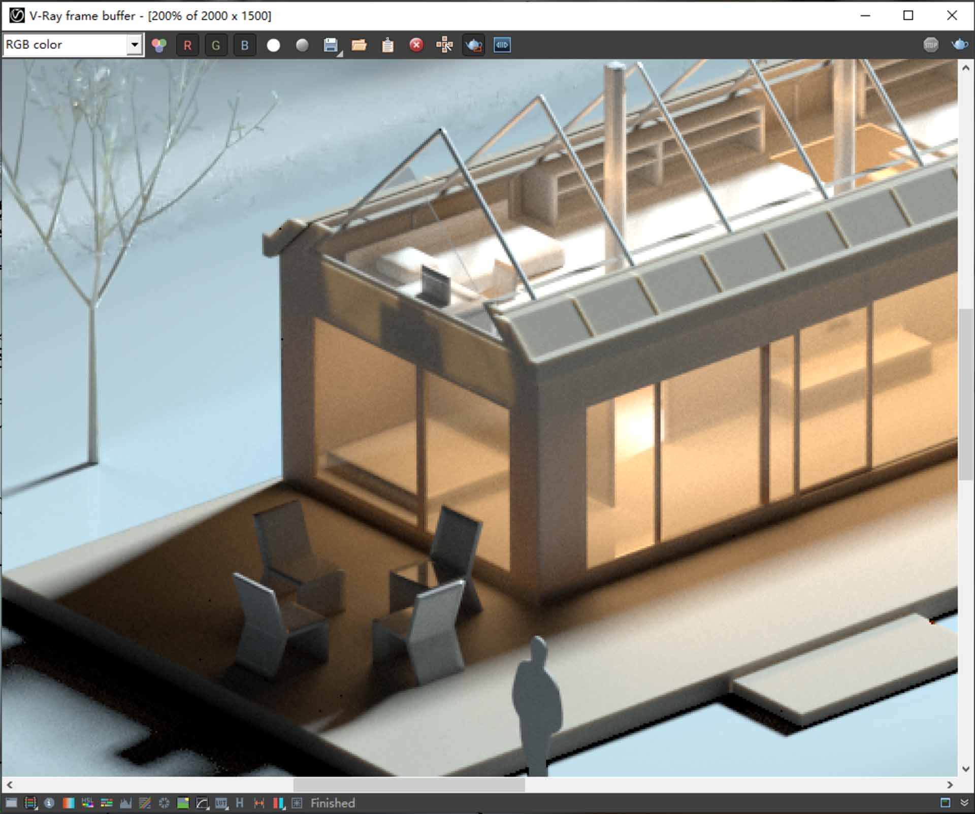 V-Ray render of a modern glass-walled building with interior lighting, outdoor seating area, and structural roof framing visible.