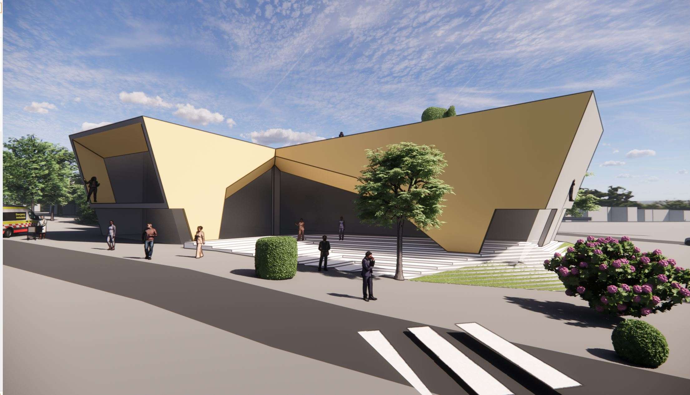Renderização da Veras AI de um edifício moderno de linhas angulares com revestimento dourado, degraus de entrada e acesso para veículos de emergência.