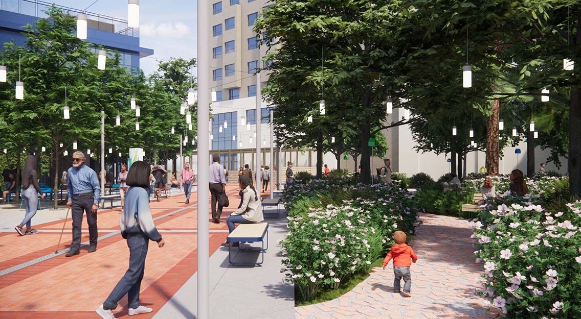 Visualização da Veras AI de uma passarela pavimentada em uma praça, com um caminho de jardim ladeado por arbustos floridos.