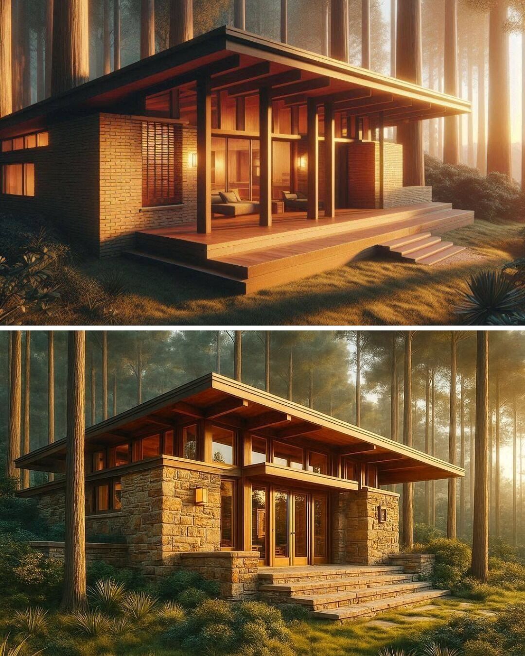 Arte conceitual gerada por IA de uma cabana florestal no estilo moderno de meados do século, com revestimento de pedra e madeira, apresentando iluminação atmosférica criada a partir de texto e exploração de materiais
