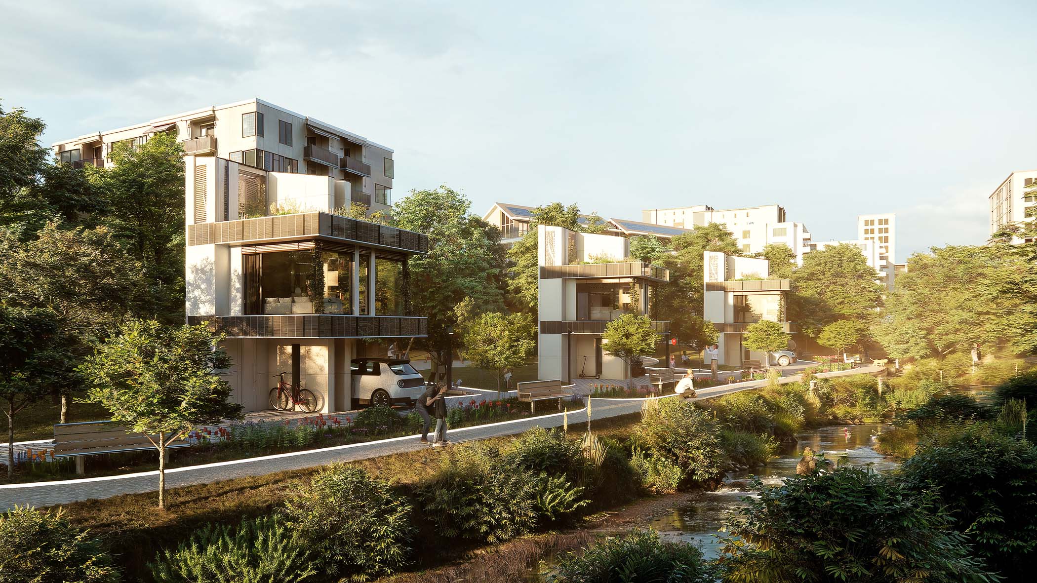 Enscape render of a residential development along a landscaped canal with modern homes and pedestrian pathways.