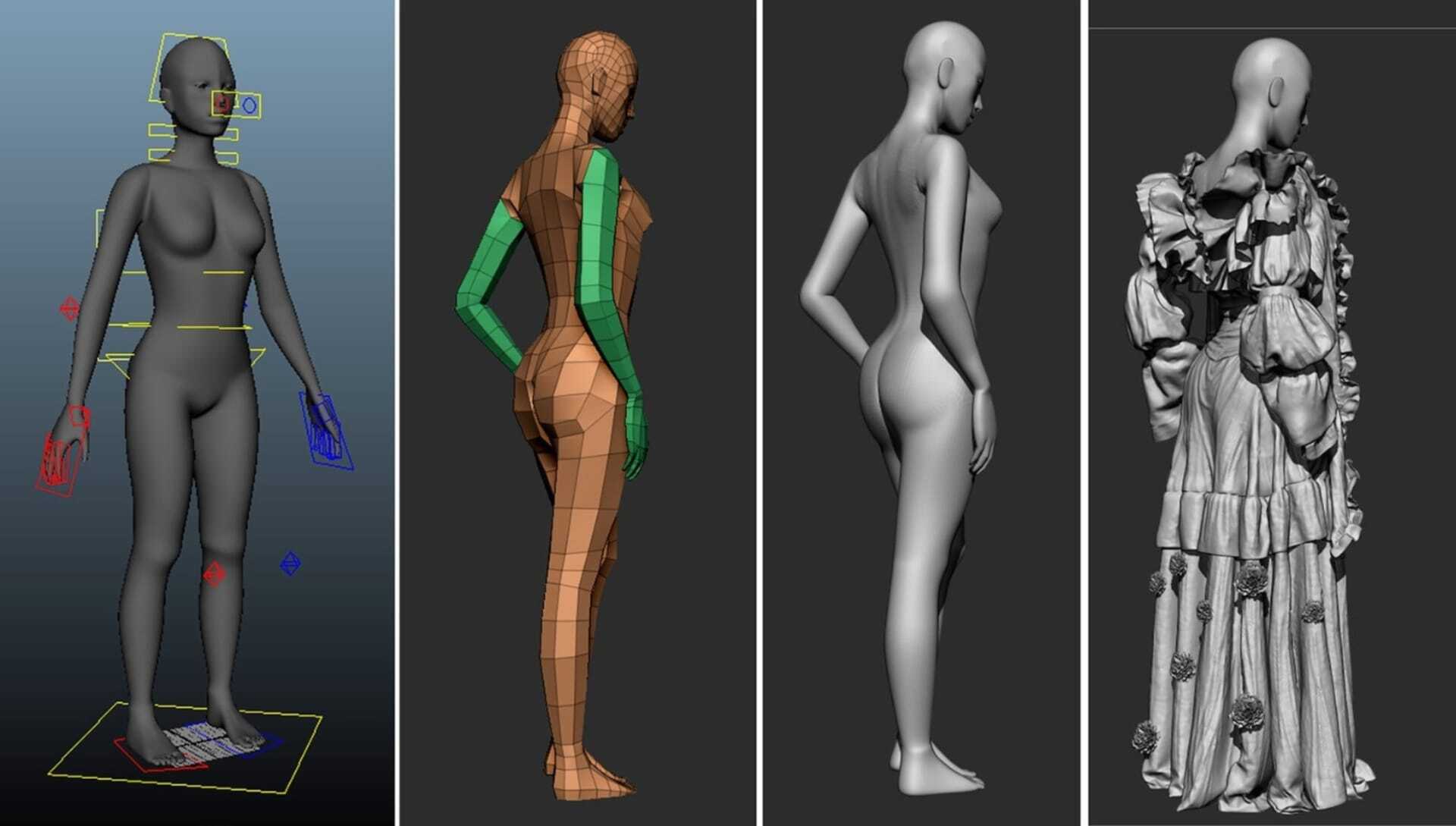 Step-by-step 3D character workflow showing rig setup, polygon topology, smooth model, and detailed sculpted clothing.