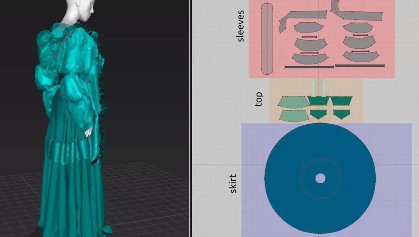 3D fashion design process showing garment simulation on mannequin alongside flat pattern layouts.