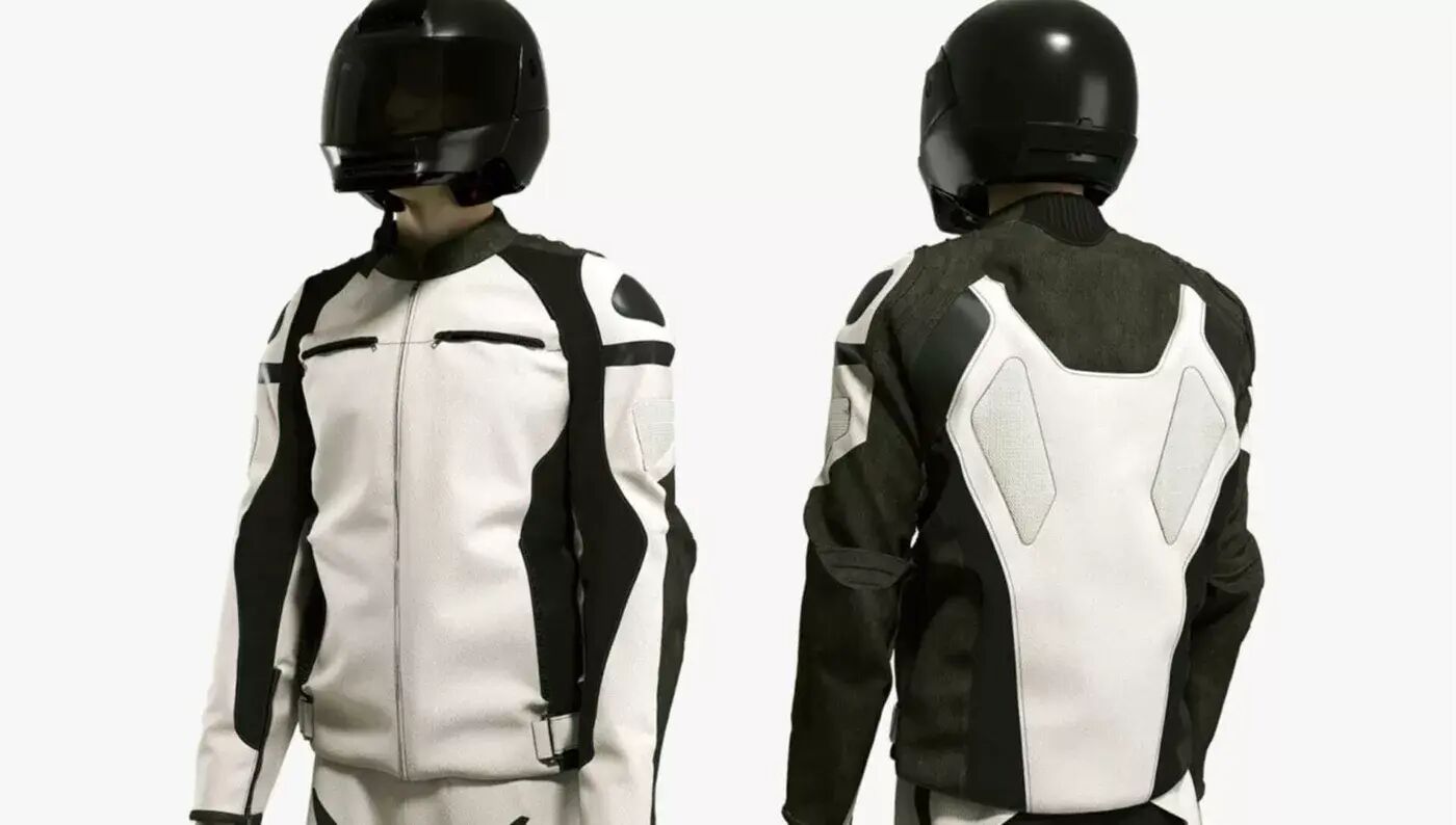 3D visualization of motorcycle jacket on mannequin with front and back view wearing helmet.