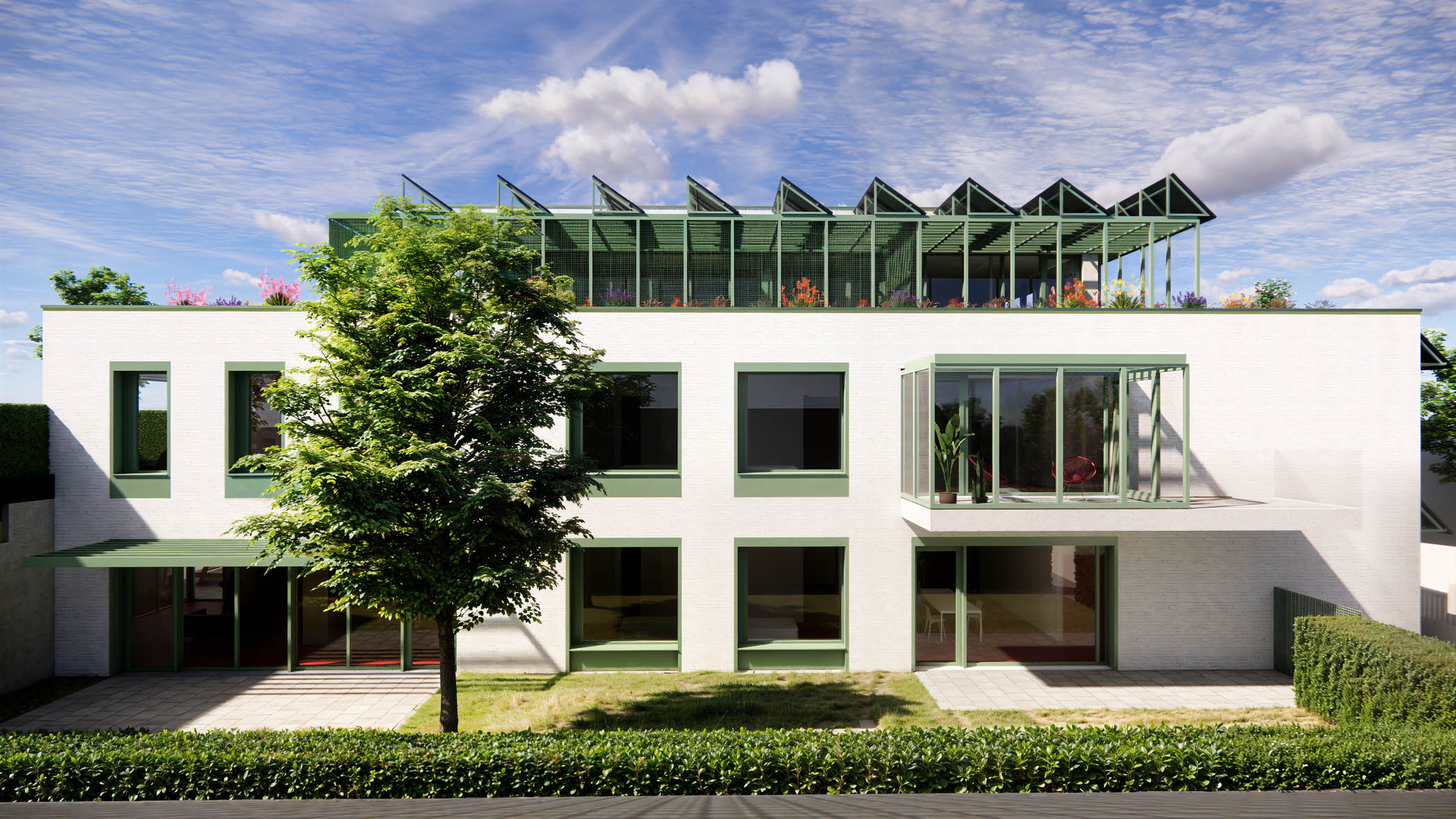 Enscape render of a contemporary residential building with rooftop terrace and green accents.