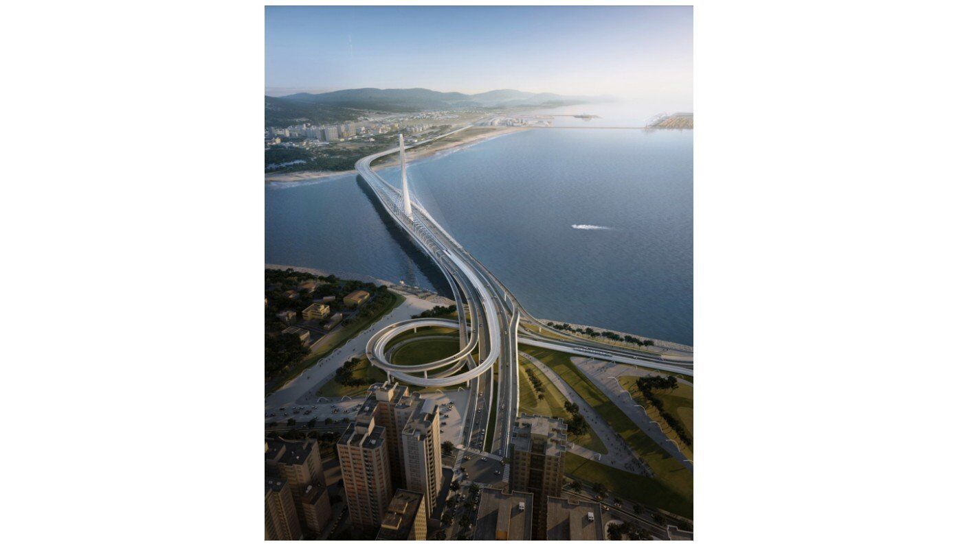 aerial rendering of a sweeping modern bridge crossing over water