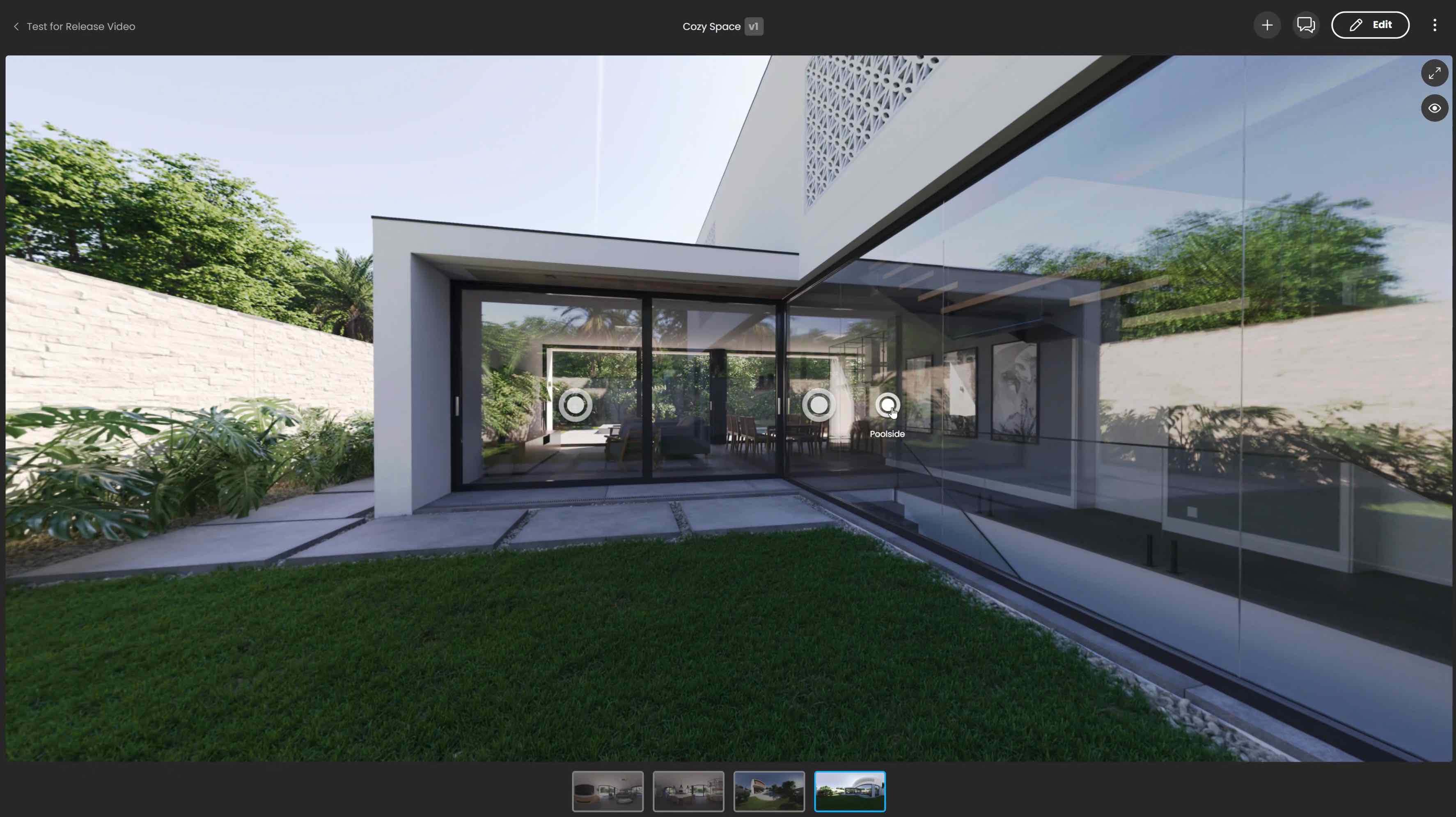 Interactive 3D tour with hotspots highlighting Cozy Space and Poolside views in Corona Render.