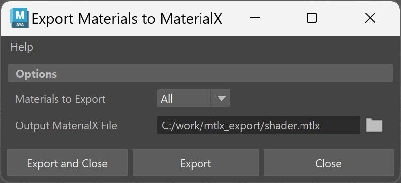 maya export materials to materialx dialog window showing options for selecting materials and output file path