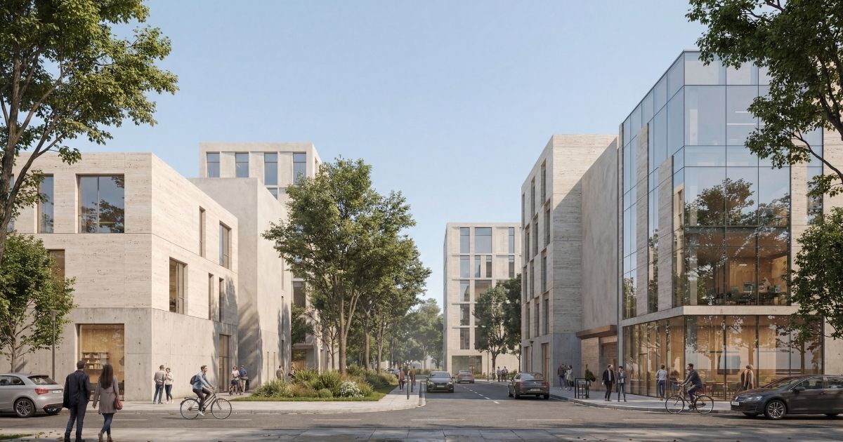 An intersection with two white stone buildings on either corner, cars, pedestrians, and cylists wizz past