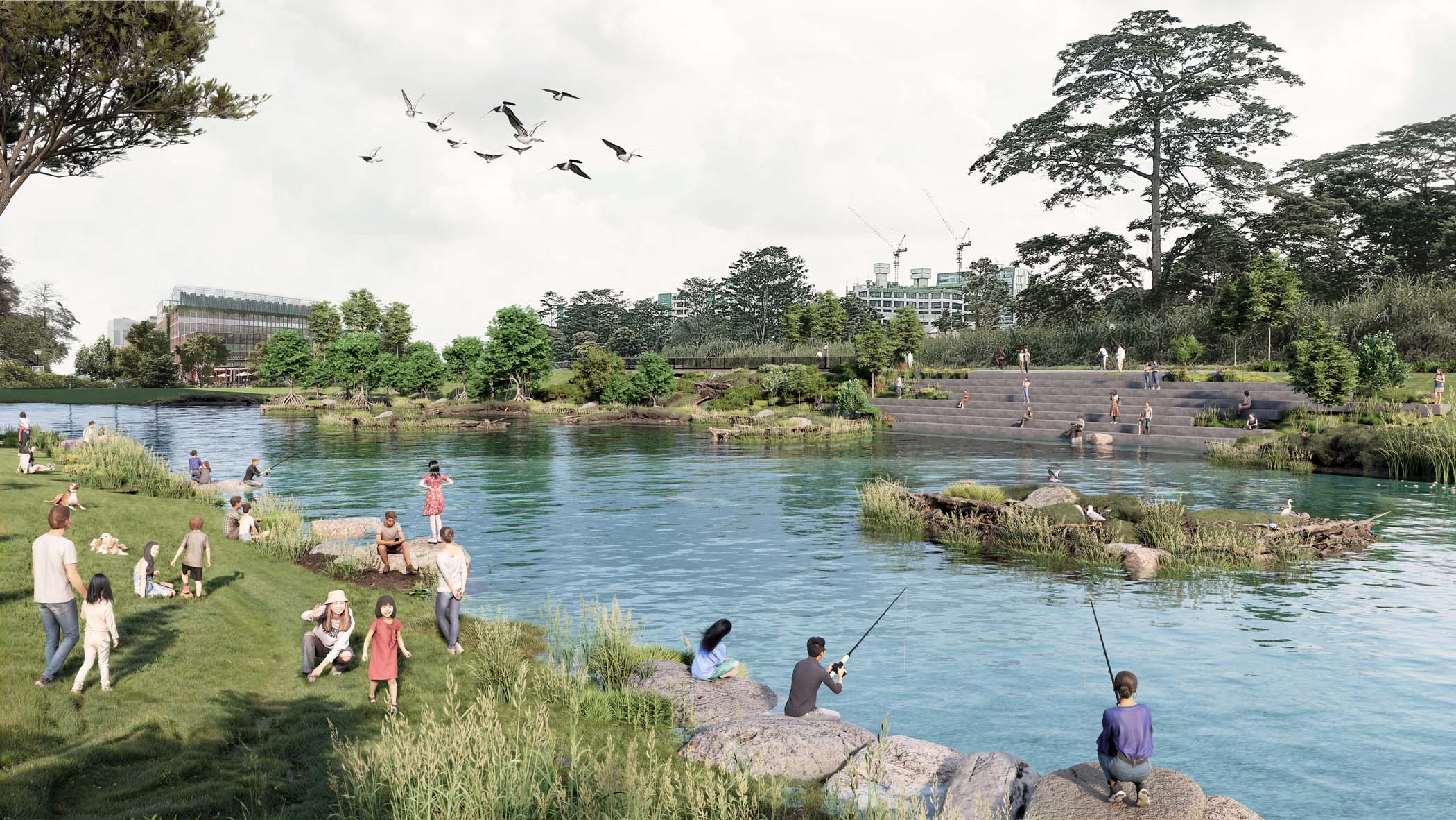 Enscape render of a riverside park with people fishing, walking, and relaxing along landscaped riverbanks.