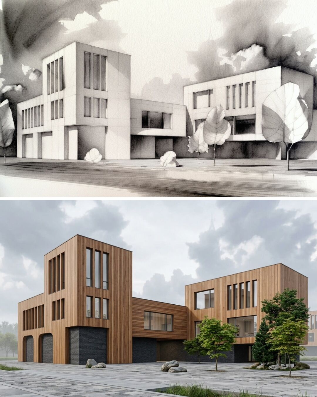 Fluxo de trabalho de visualização arquitetônica que mostra um esboço conceitual a tinta e aquarela transformado em uma renderização fotorrealista em 3D de um edifício usando o Leonardo.ai