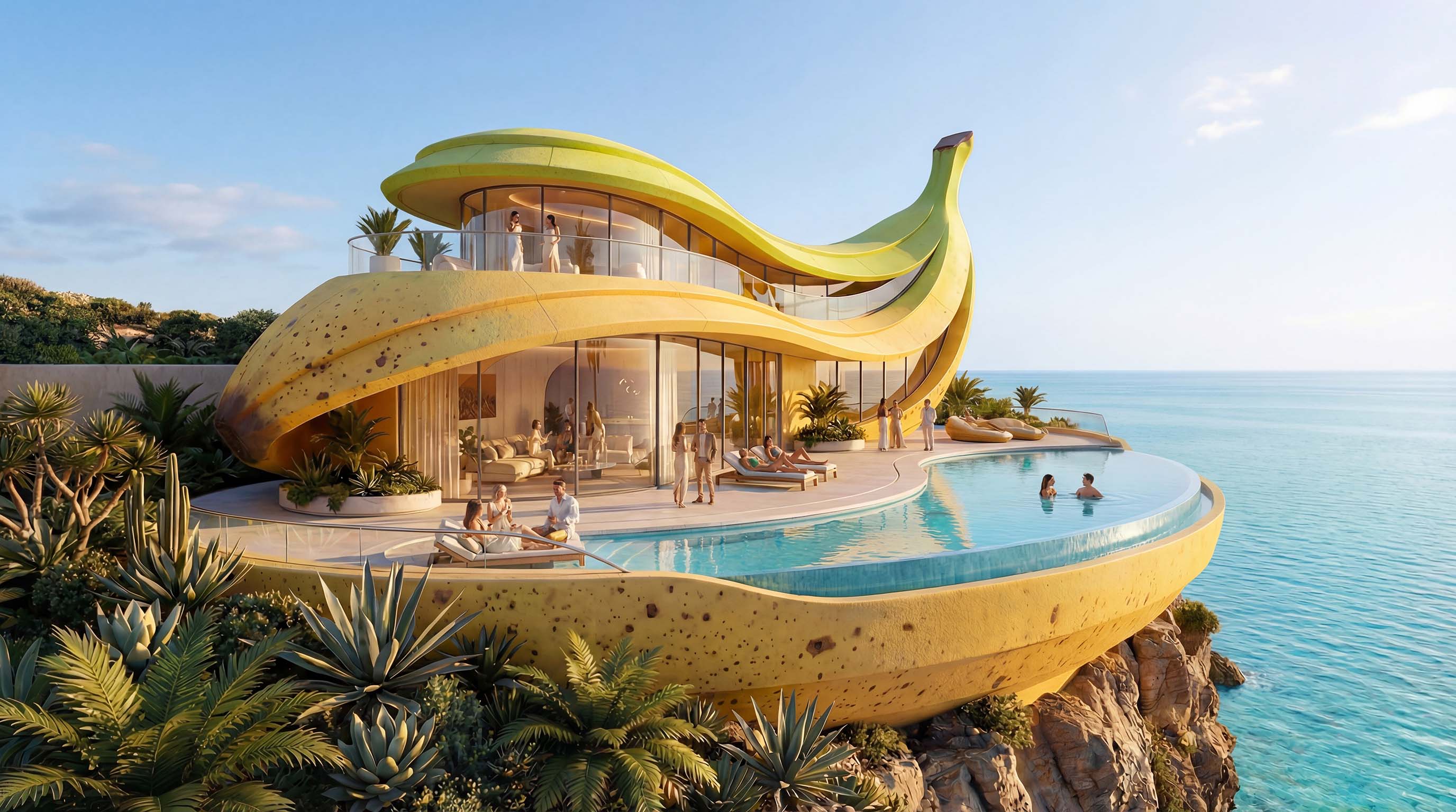 Veras render of a surrealistic luxury villa shaped like a giant banana, featuring a pool and people on a coastal cliff.