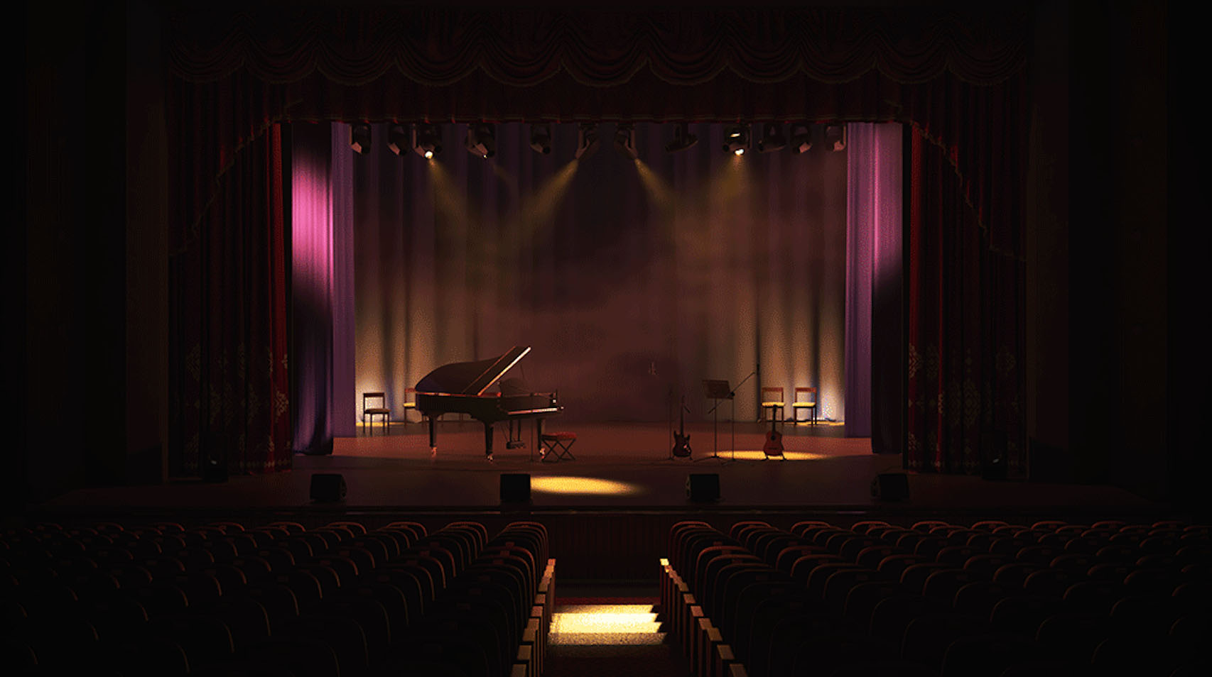 صحنهٔ استیج کنسرت کم‌نور با پیانوی بزرگ، گیتارها، صندلی‌ها و میکروفن‌ها زیر نور اسپات‌لایت‌های گرم.