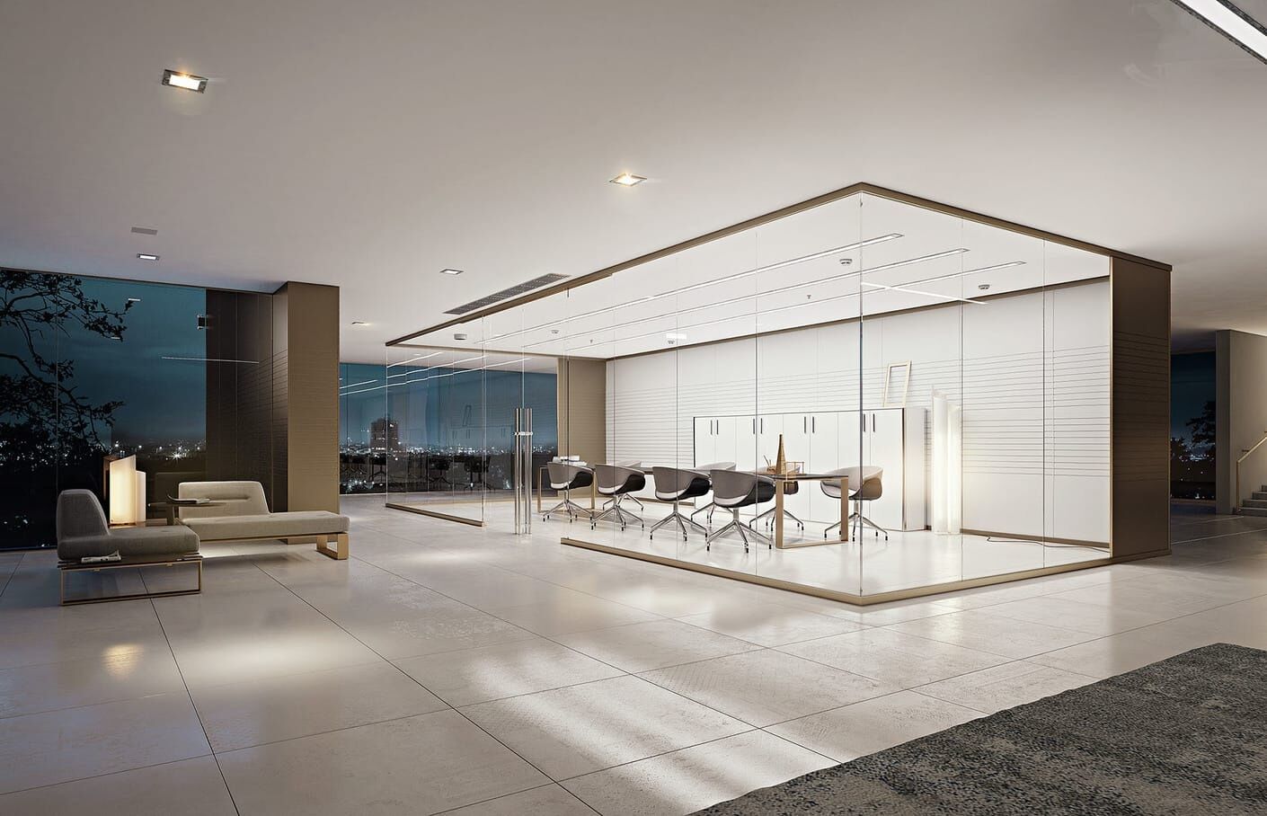 Architectural rendering of a modern office interior with glass-walled meeting room and lounge area