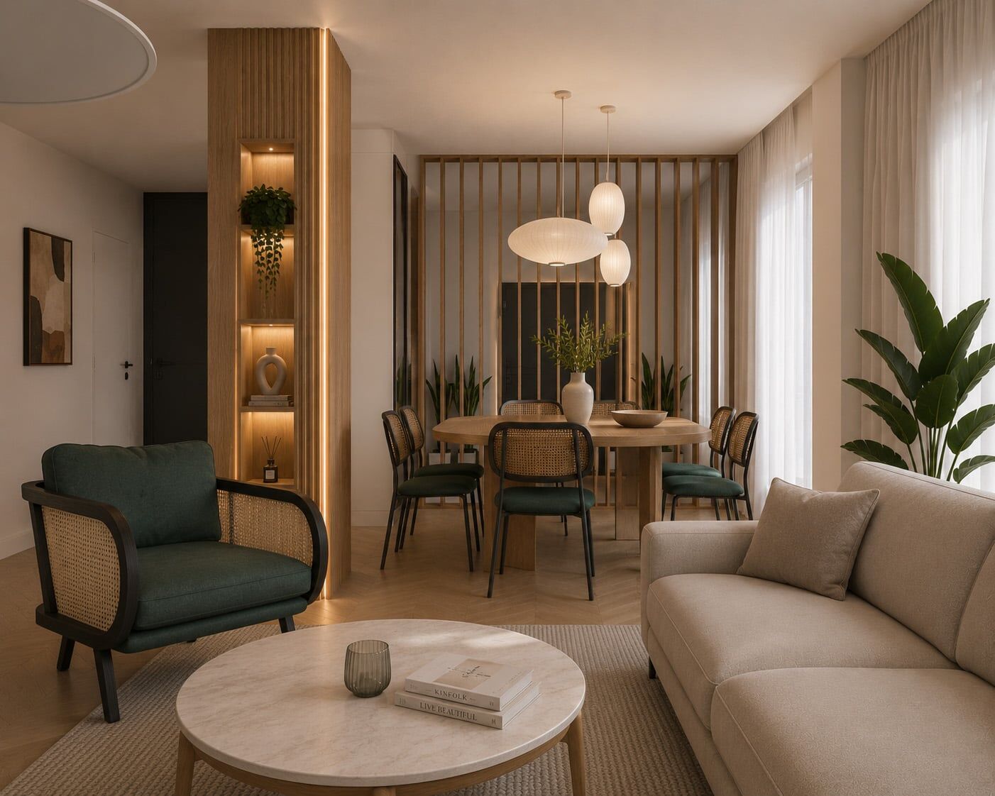 3D rendering of a modern living and dining interior, showing a new wooden shelving unit added to a structural column.