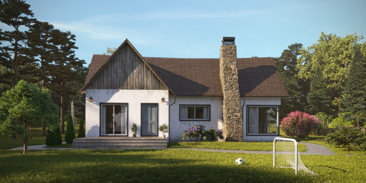 Daytime render of a cozy suburban house in V-Ray for SketchUp with realistic lighting, textures, and vegetation.