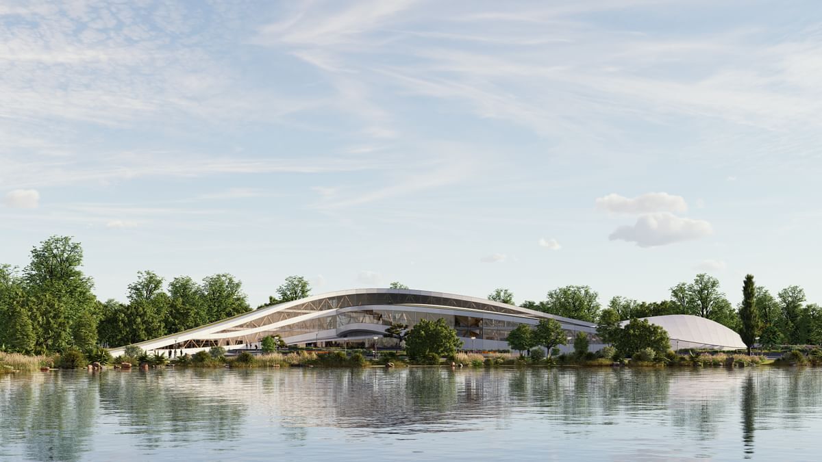 Exemplo de renderização criada no Enscape - prédio moderno com vista para o lago