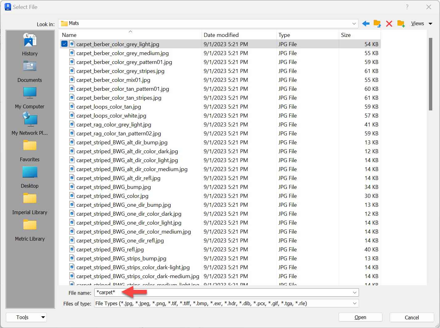 使用 Revit 对话框搜索材质