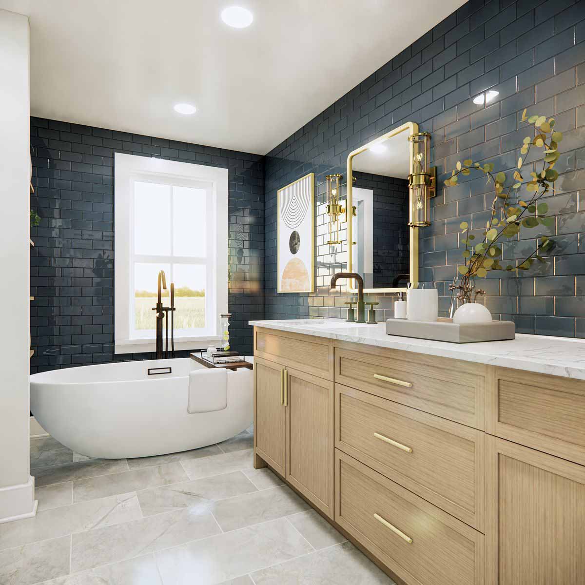 Blue tile and brown unit bathroom render