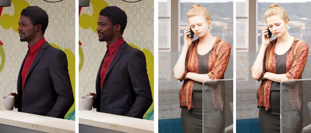 Side-by-side Enscape render comparisons of two 3D people assets: one man holding a mug, and a woman on the phone.