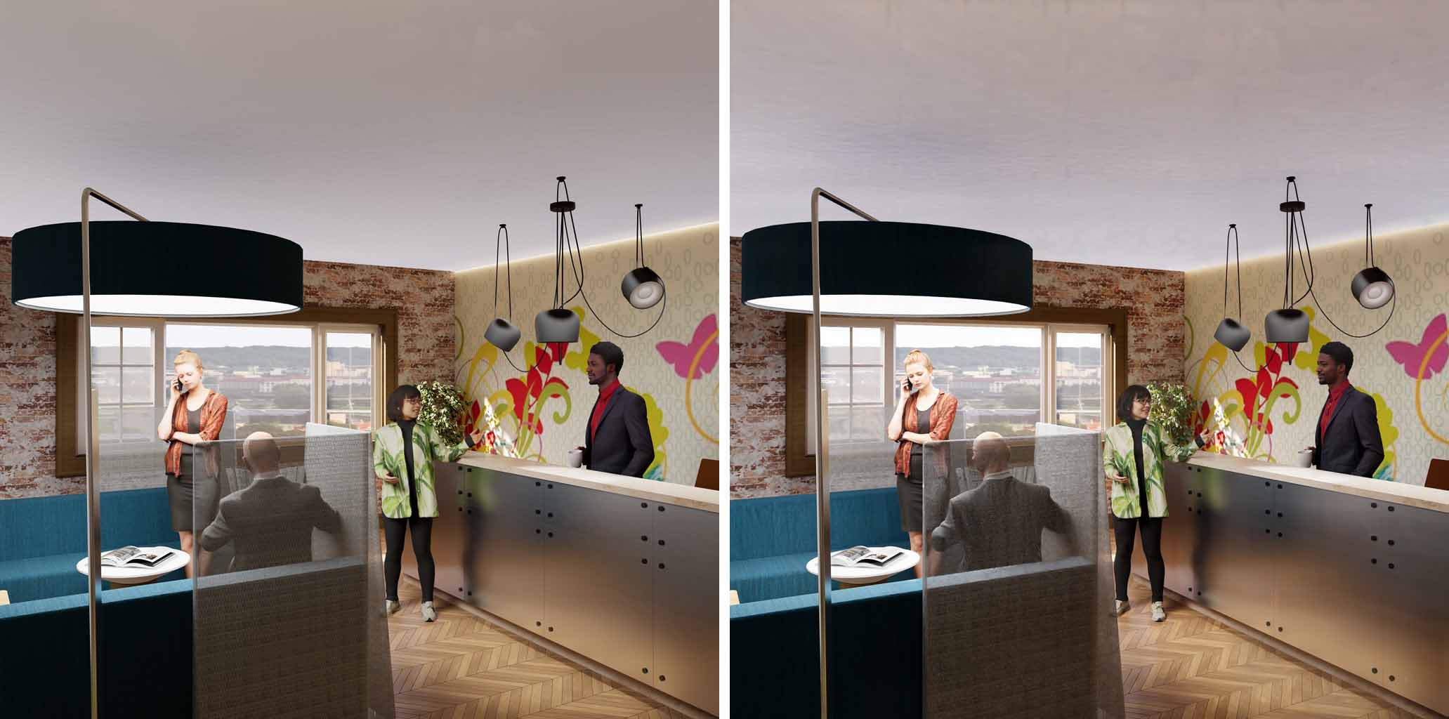 Enscape rendering compared side-by-side with an AI-enhanced version of a vibrant, modern office reception area