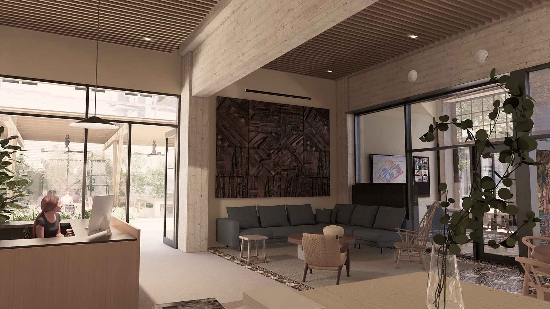 Enscape rendering of a modern office lobby with a front desk, cozy seating area, large artwork, natural light, and wood-accented ceilings.