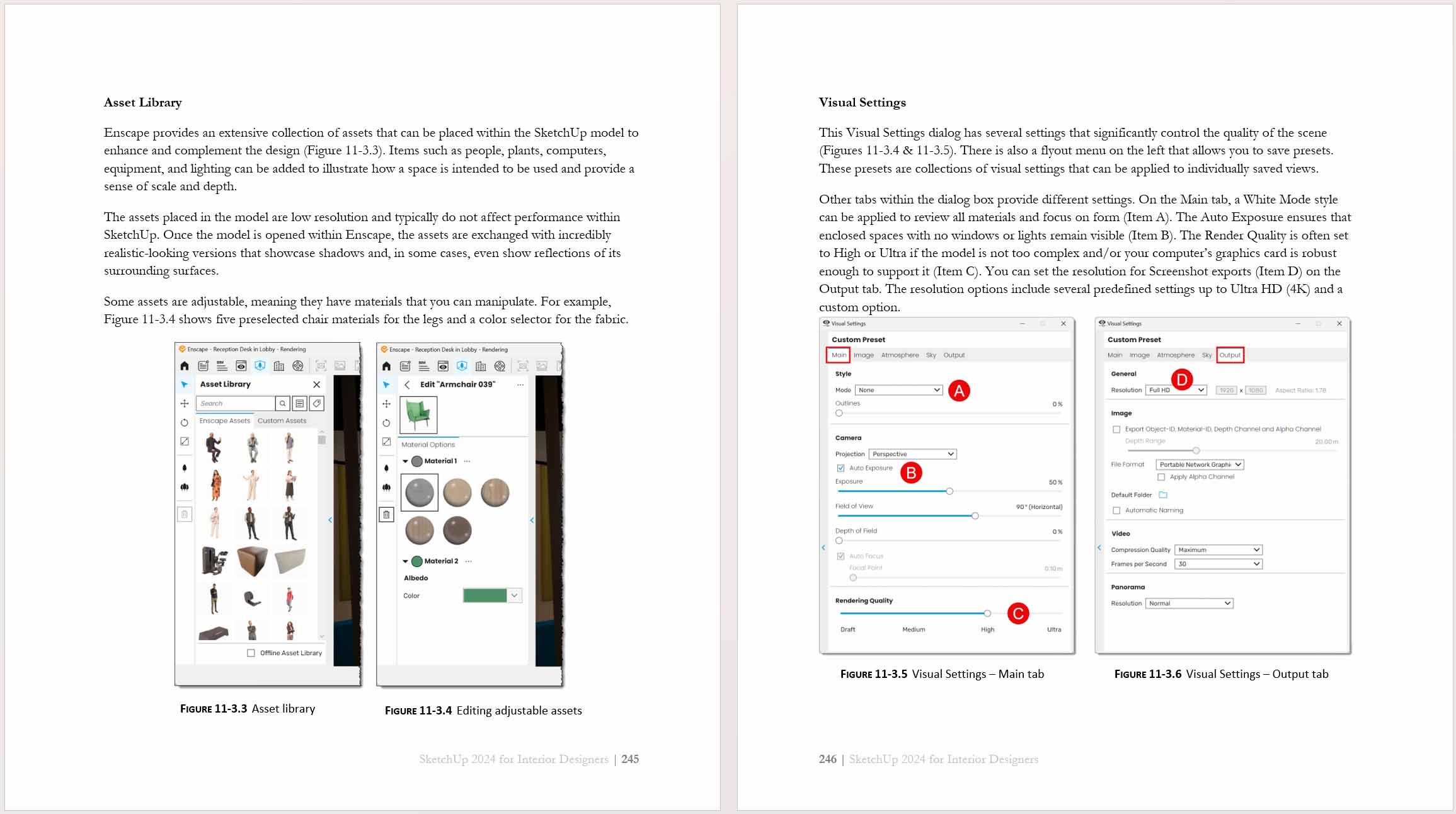 Image of page examples from a book chapter on how to use Enscape within SketchUp.