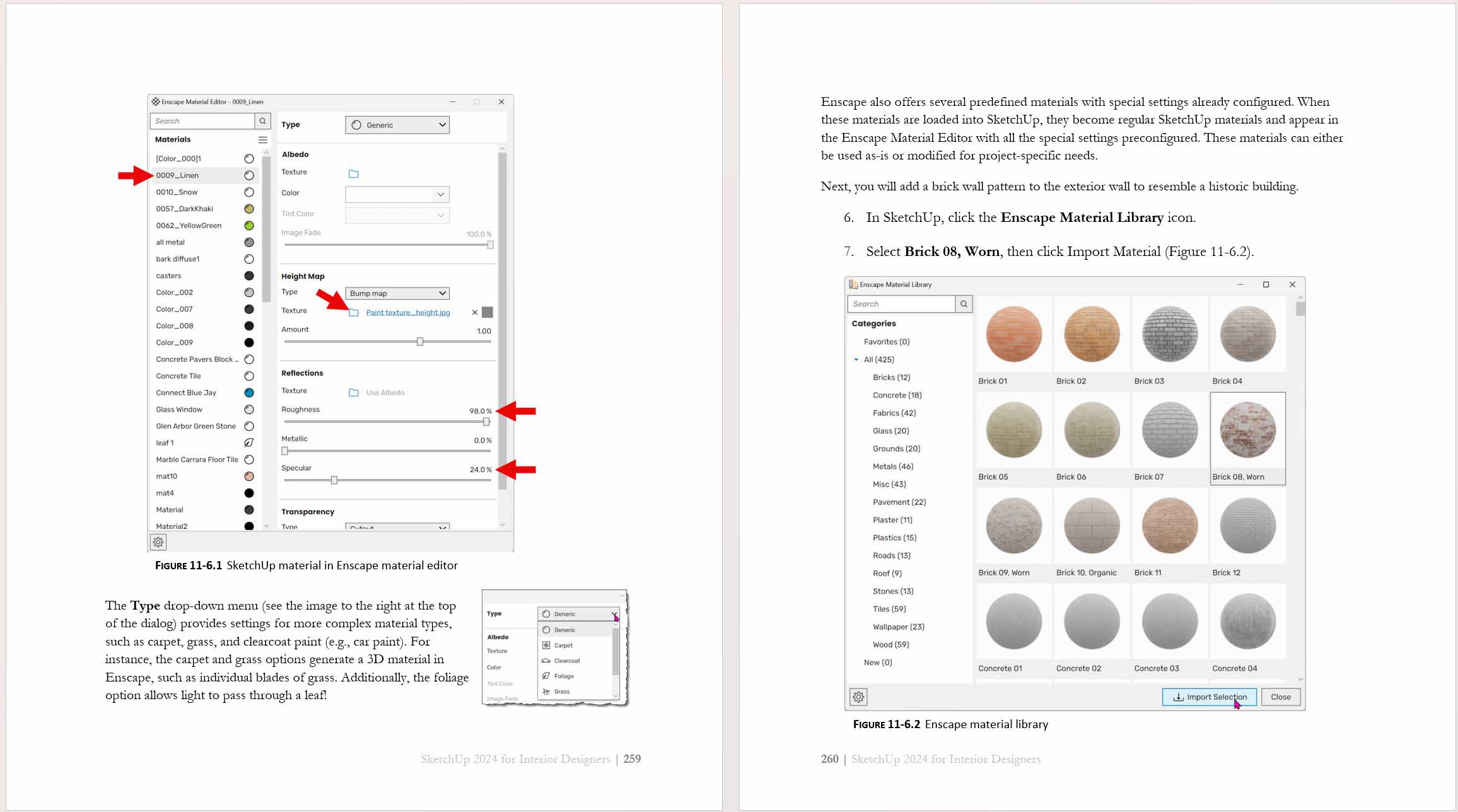 Image of page examples from a book chapter on how to use Enscape within SketchUp.