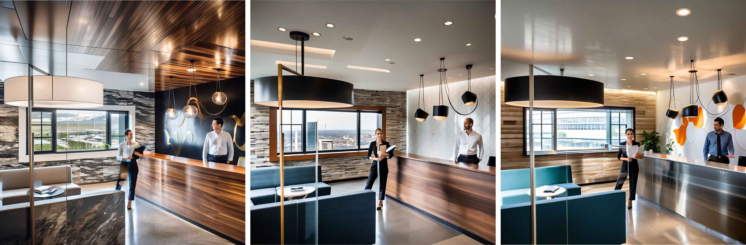 Three modern reception areas of an office, in comparison. All are Enscape rendered and enhanced with AI.