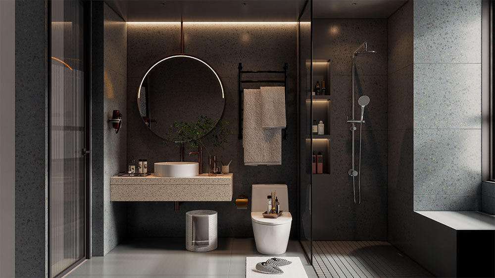 Dark grey bathroom rendering