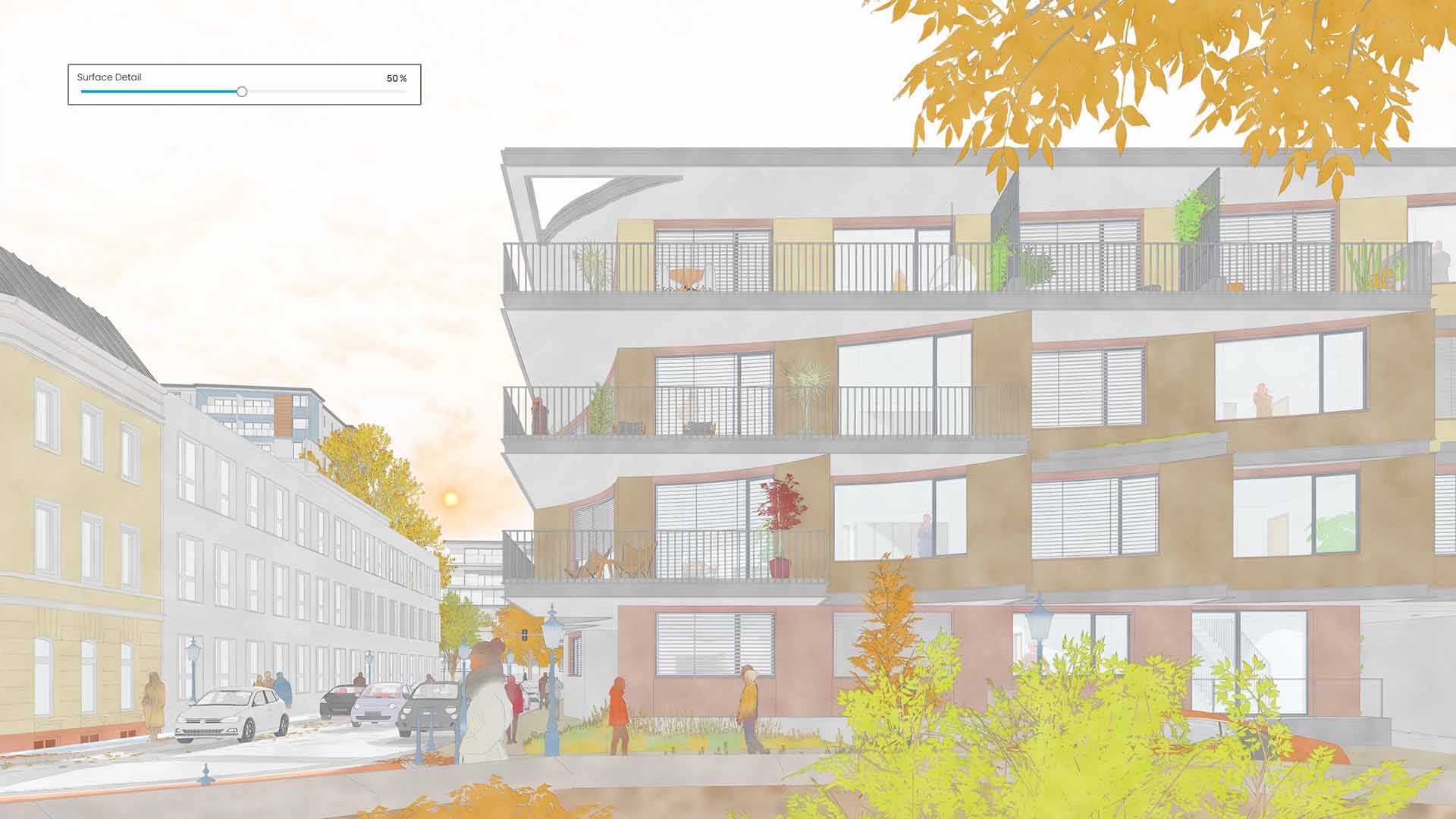 以水彩视觉模式渲染公寓建筑的外部及其所在的街道。
