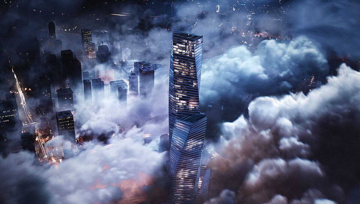 Chaos Cloud rendering of a top-view scene of a city at night with skyscrapers and clouds surrounding it.