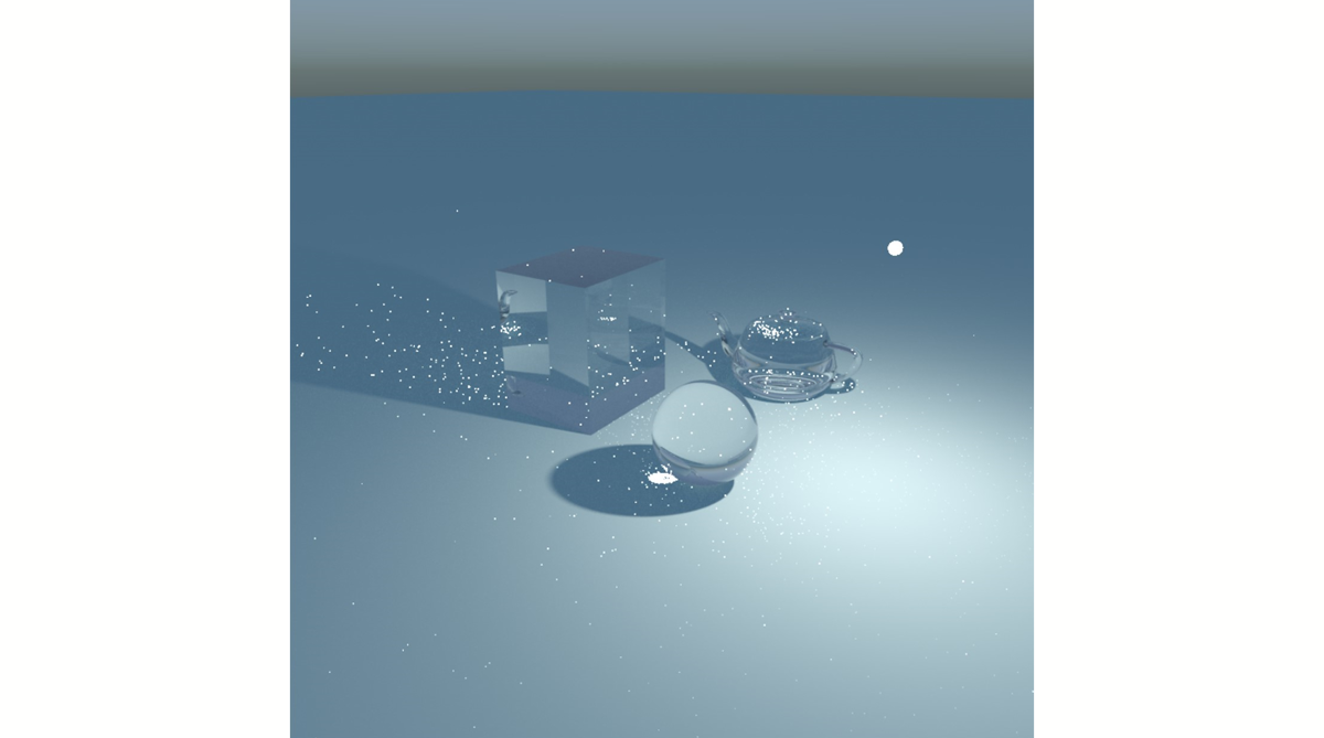 3D render of a cube, sphere, and teapot made of glass materials with visible speckled noise in bright areas from caustics.