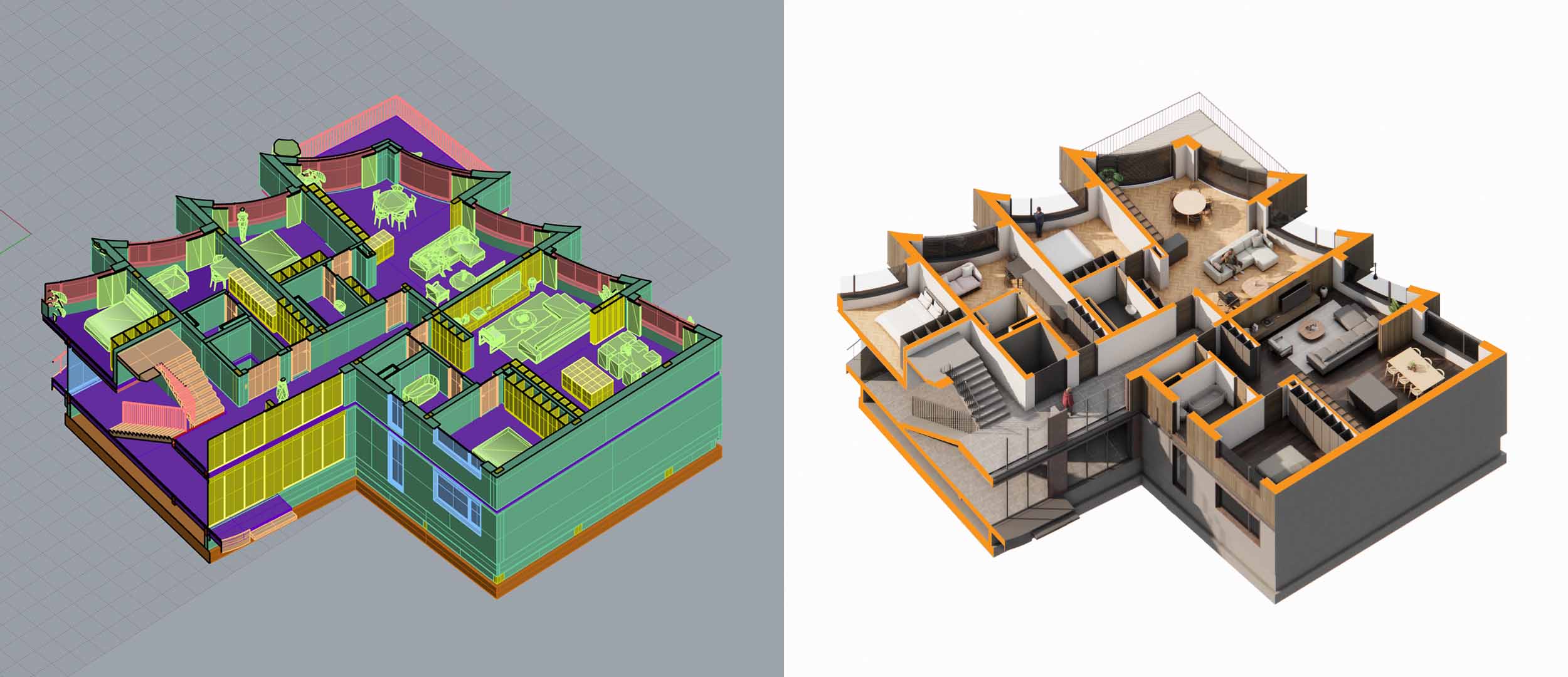 Rhino 中住宅建筑模型的多个剖面图像。