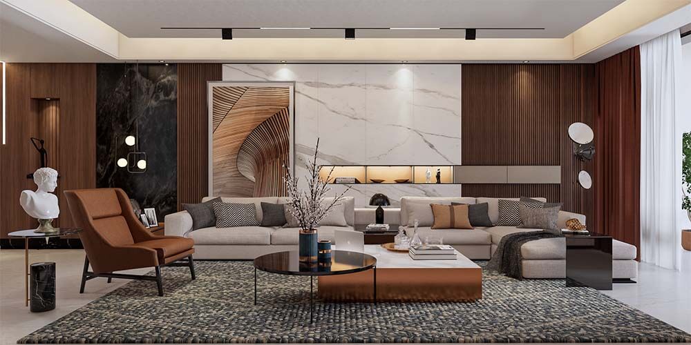 Ultra modern living room rendering brown leather look