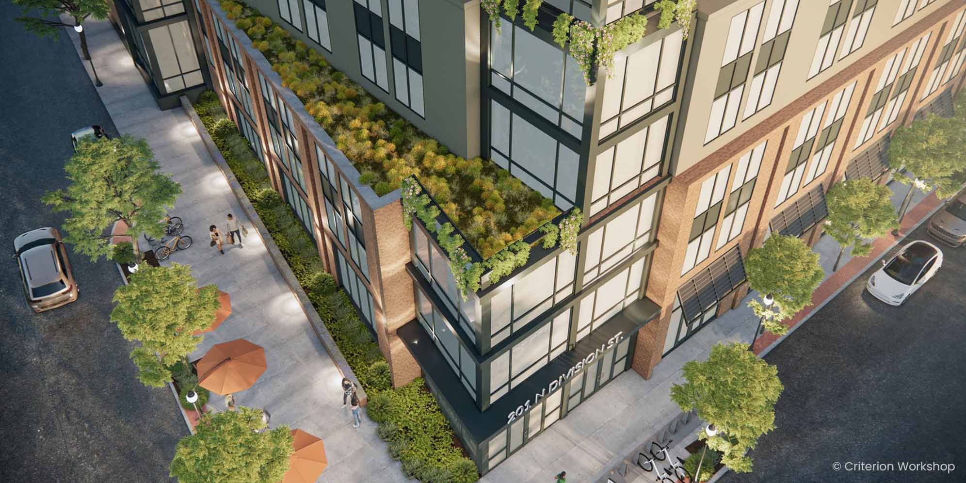 Enscape rendering of aerial view of a modern urban building with large windows and a rooftop garden, on the corner of two streets.